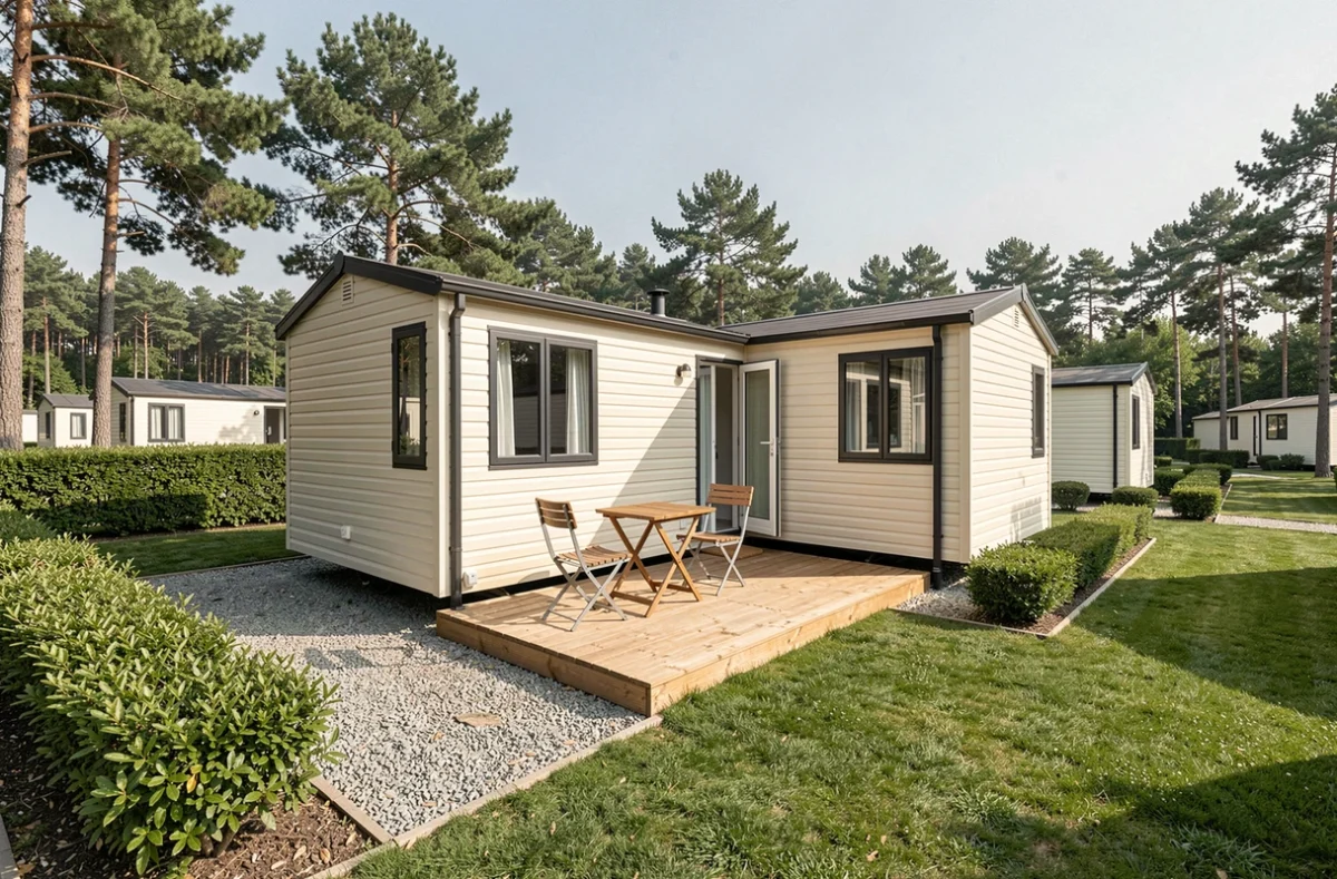 Parcelle de terrain avec mobil-home et terrasse en parc résidentiel de loisirs pour estimation immobilière