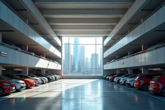 Garage moderne multilevel avec affichage digital et skyline