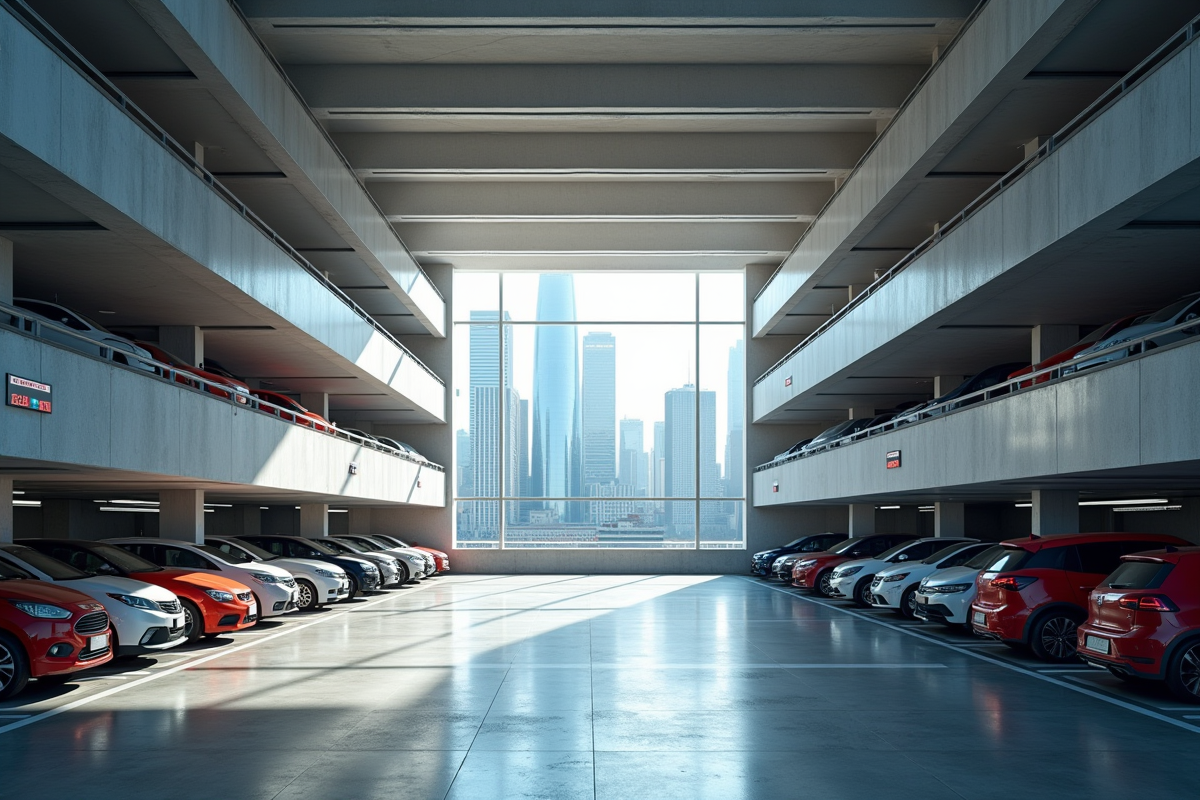 Garage moderne multilevel avec affichage digital et skyline