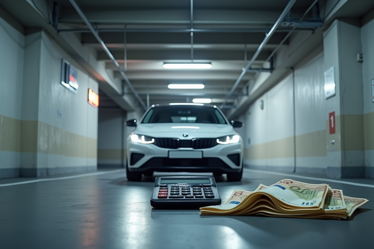 Voiture dans un parking souterrain avec calculatrice et euros