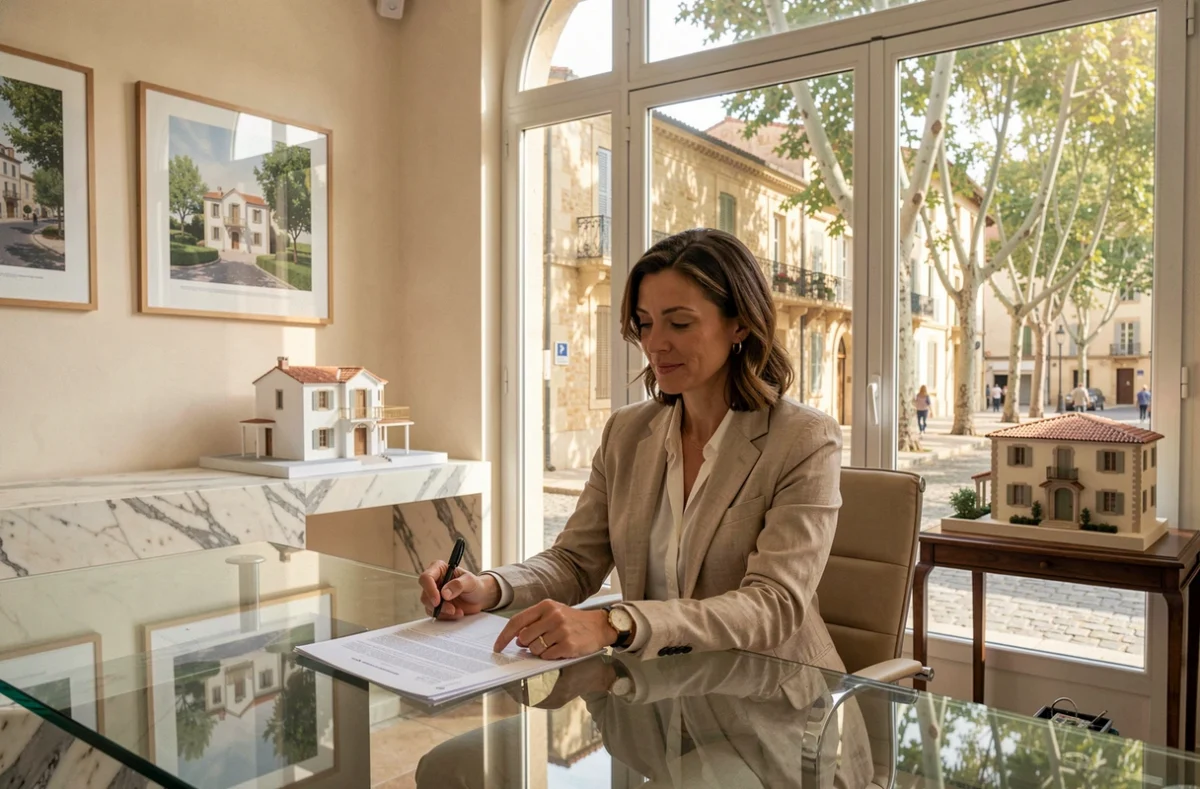 Conseillère du promoteur Partenaire Immobilier Provence dans son bureau avec vue sur le centre historique d'Aix-en-Provence