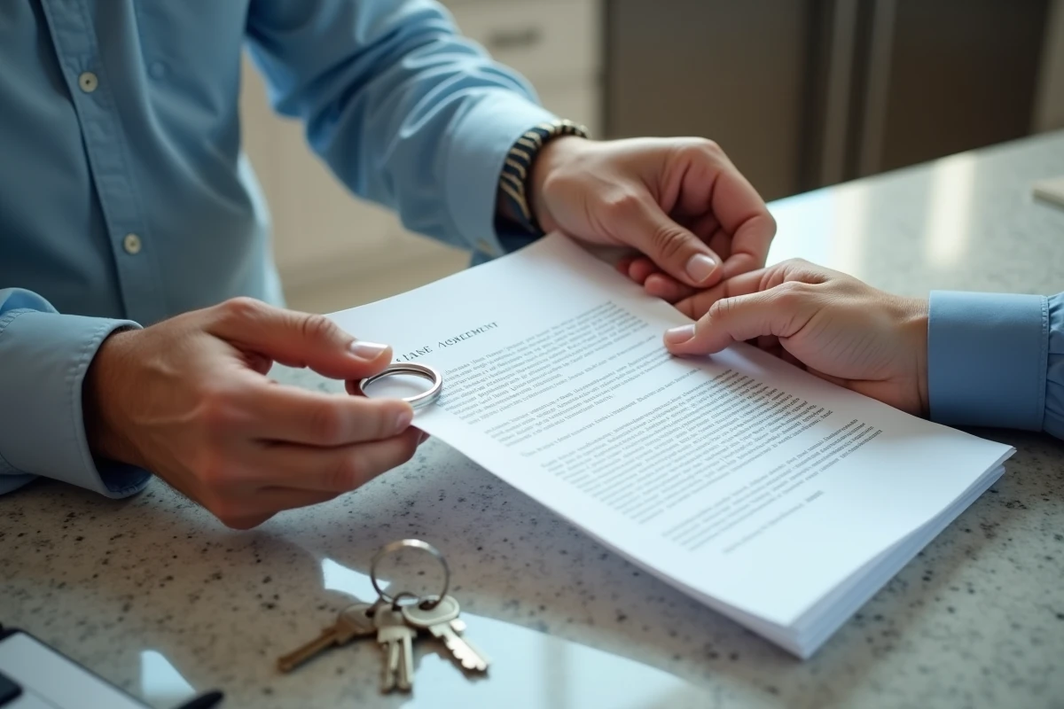 Main passant un contrat de location et clés dans une cuisine