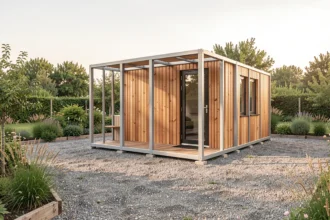 Petite maison modulaire à ossature métallique posée dans un jardin