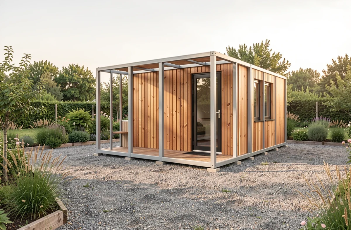 Petite maison modulaire à ossature métallique posée dans un jardin