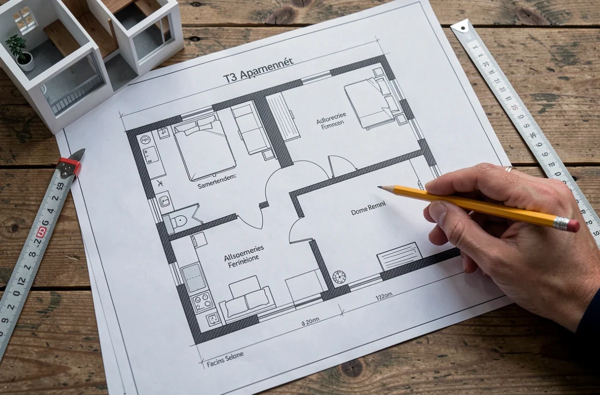 Plan architectural d'un appartement T3 avec deux chambres distinctes posé sur un bureau en bois