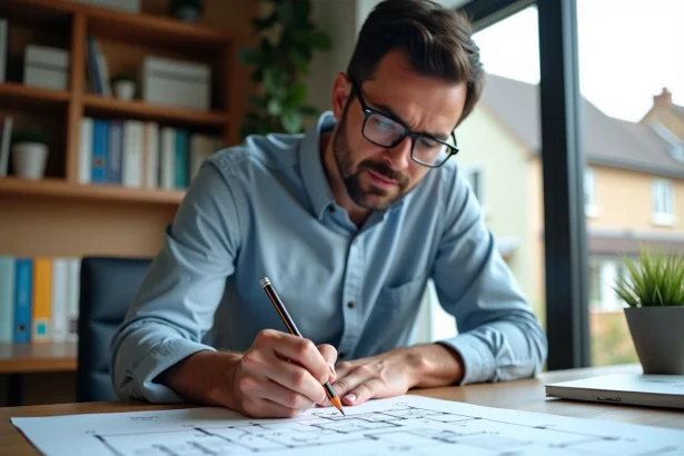 Homme d'âge moyen dessinant un plan dans un bureau moderne