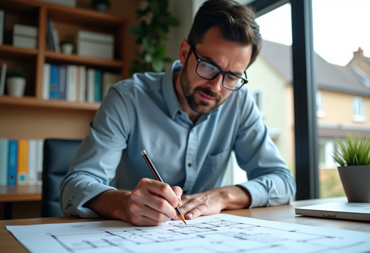 Homme d'âge moyen dessinant un plan dans un bureau moderne
