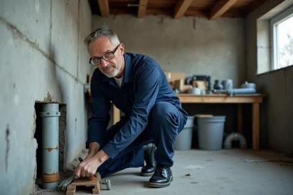Plombier professionnel comparant une conduite en fibrociment et une conduite en PVC dans un sous-sol résidentiel