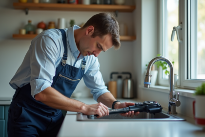 Plombier professionnel utilisant un détecteur de fuite dans une cuisine moderne