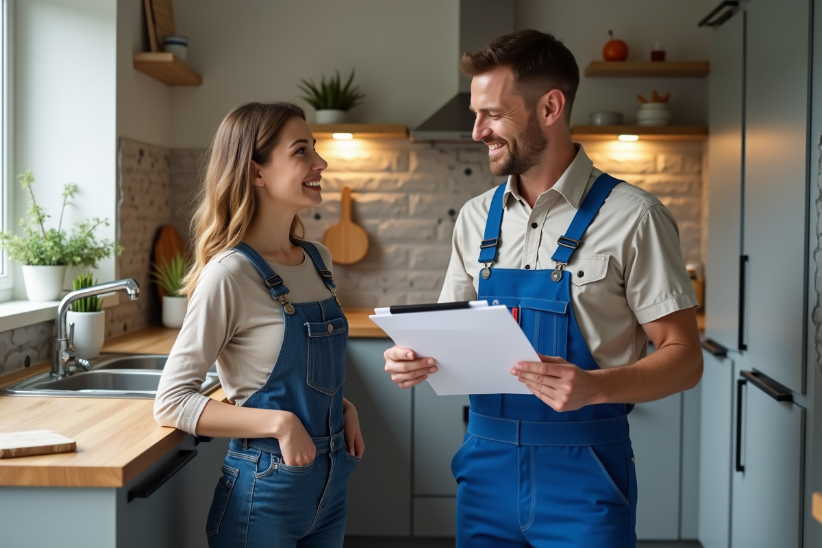 Plombier explique des dégâts d'eau dans une cuisine moderne