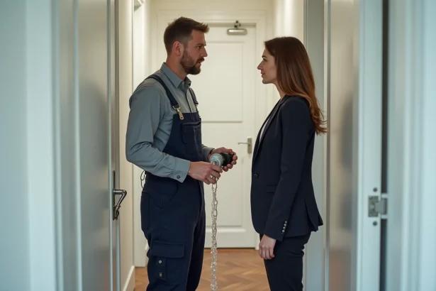 Plombier homme en overalls avec femme dans un couloir moderne