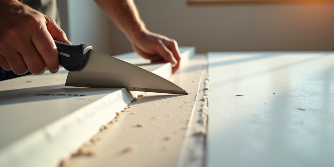 Main d'un ouvrier appliquant une bande de plâtre avec une spatule