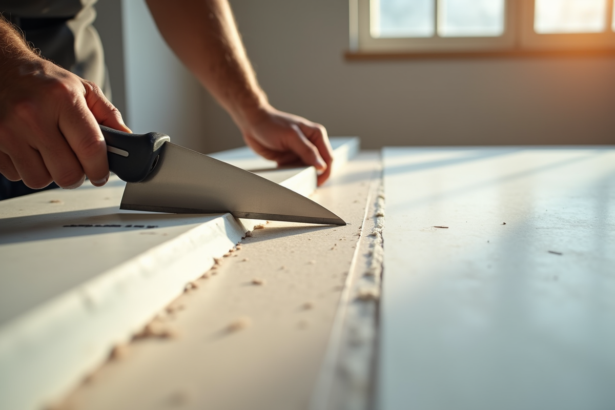 Main d'un ouvrier appliquant une bande de plâtre avec une spatule