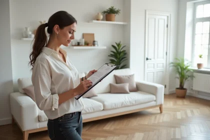 Femme préparant sa maison pour une location de tournage avec une checklist dans le salon