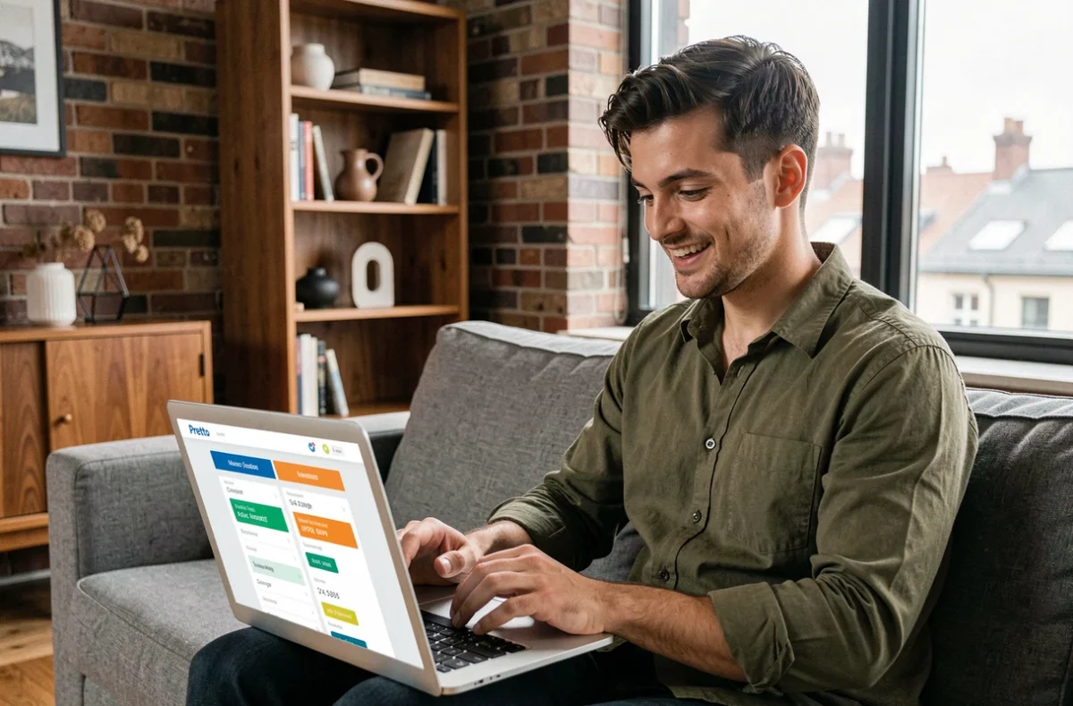 Un jeune homme simule son prêt immobilier en ligne sur la plateforme Pretto depuis son appartement moderne