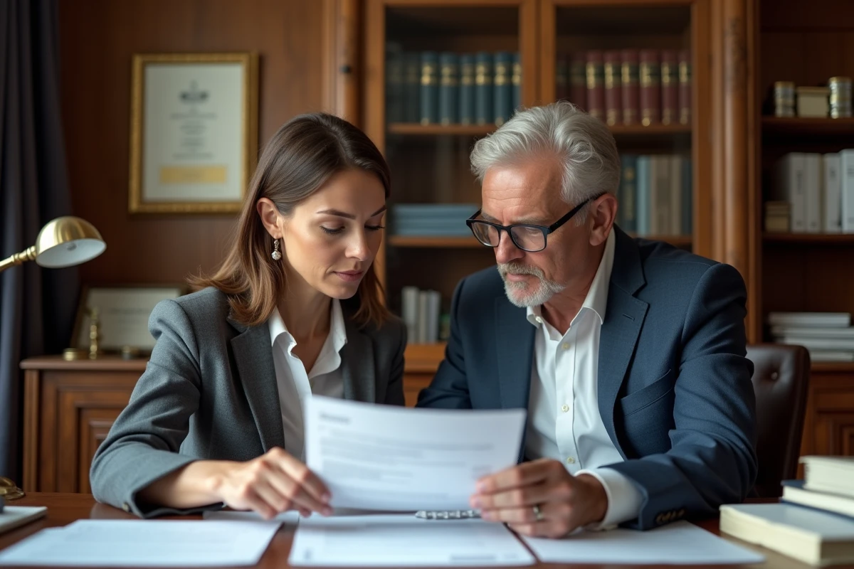 Deux professionnels analysant un document de permis de construire dans un bureau administratif