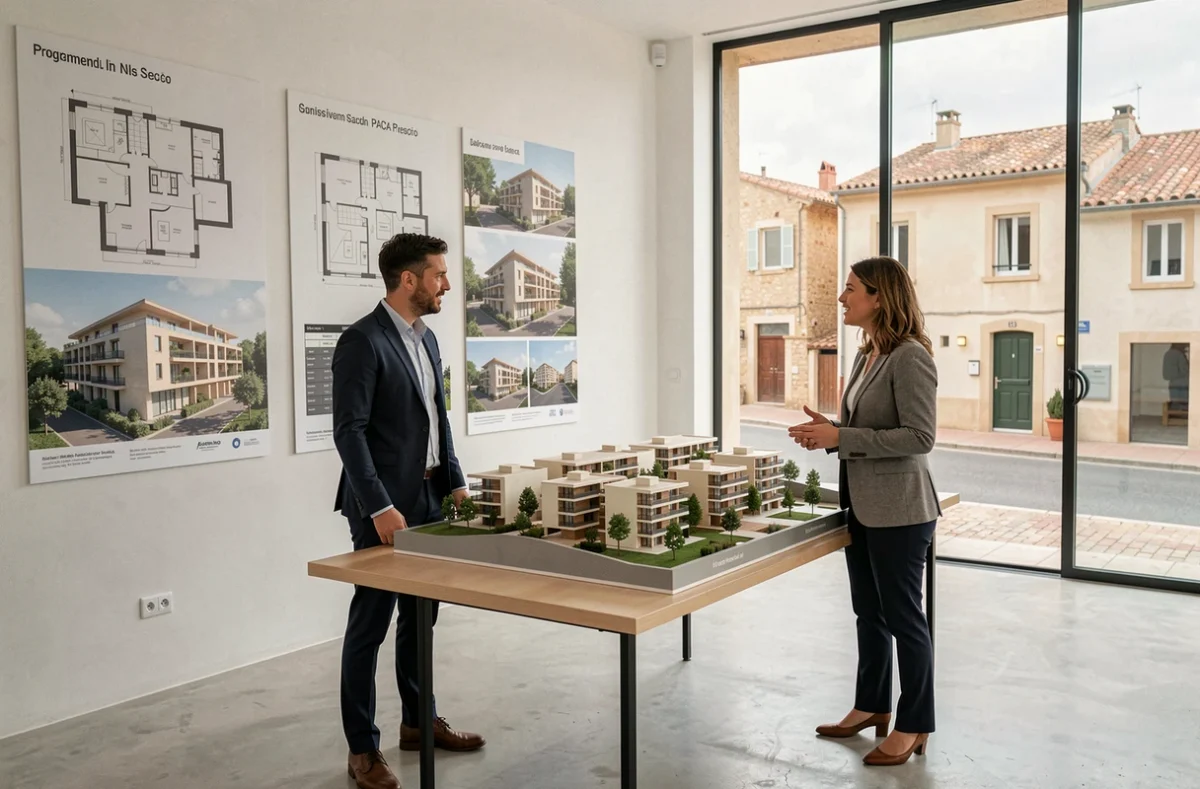 Bureau de vente Promogim présentant des programmes immobiliers neufs en région PACA avec maquette architecturale