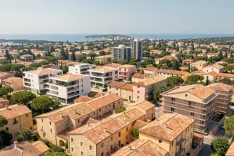 Vue aérienne panoramique de la région Provence-Alpes-Côte d'Azur avec des immeubles neufs et des quartiers méditerranéens traditionnels