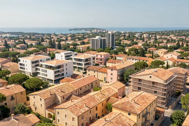 Vue aérienne panoramique de la région Provence-Alpes-Côte d'Azur avec des immeubles neufs et des quartiers méditerranéens traditionnels