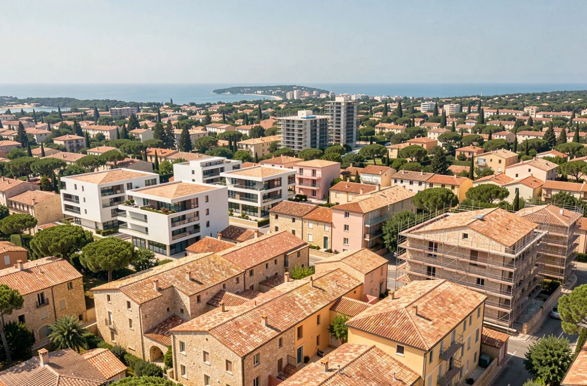 Vue aérienne panoramique de la région Provence-Alpes-Côte d'Azur avec des immeubles neufs et des quartiers méditerranéens traditionnels