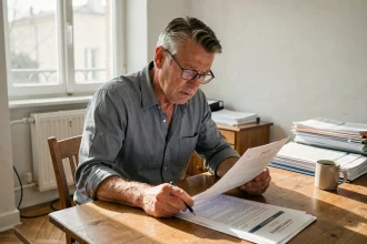Propriétaire bailleur consultant des documents fiscaux sur la taxe logements vacants à son domicile