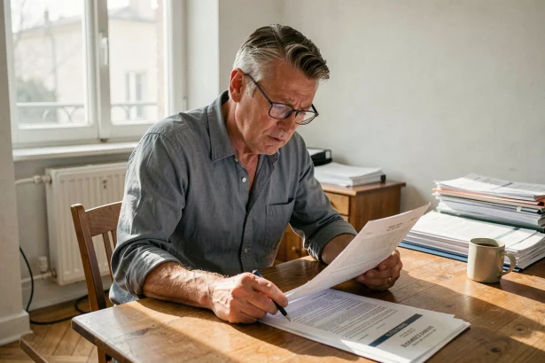 Propriétaire bailleur consultant des documents fiscaux sur la taxe logements vacants à son domicile