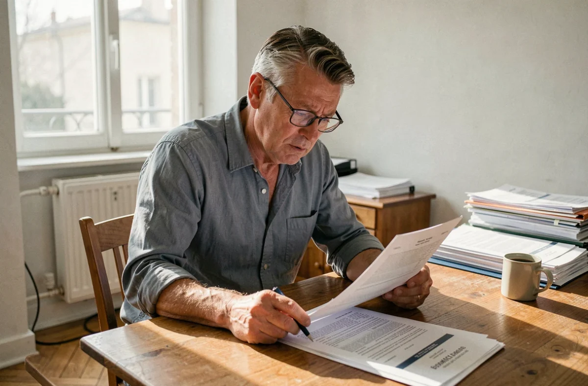 Propriétaire bailleur consultant des documents fiscaux sur la taxe logements vacants à son domicile