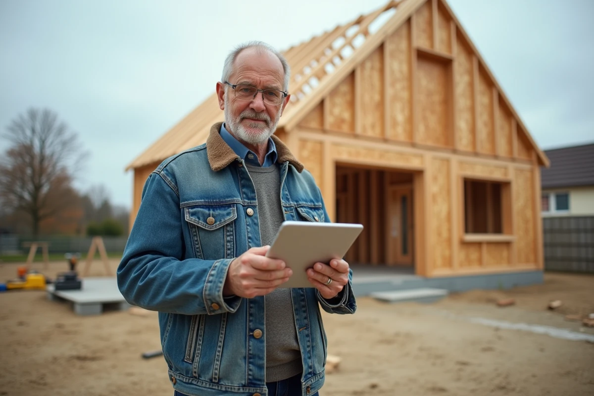 Propriétaire sur chantier consultant une plateforme de permis de construire en ligne sur tablette