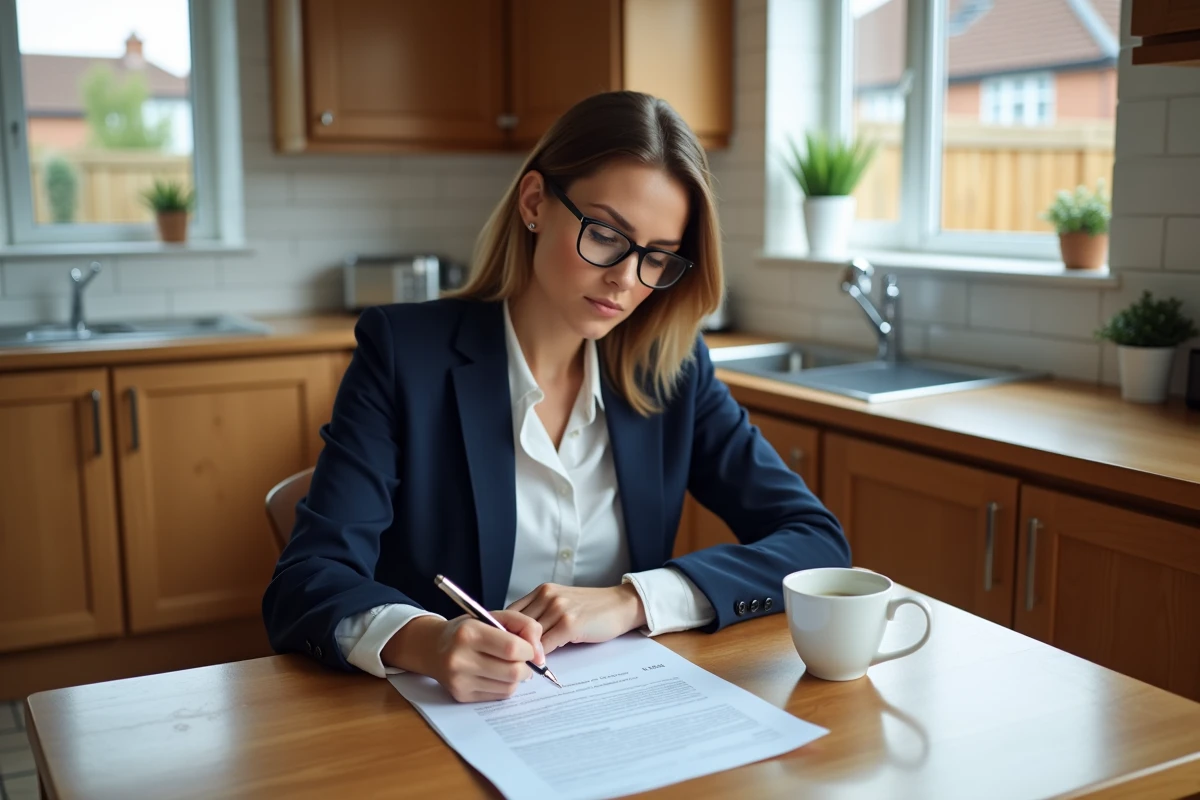Femme propriétaire d'une maison mitoyenne étudiant les garanties de son contrat d'assurance habitation à la table de sa cuisine