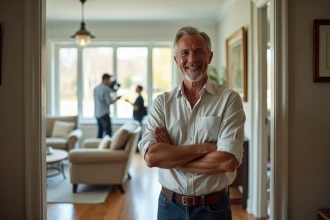Propriétaire souriant devant sa maison pendant un tournage cinématographique