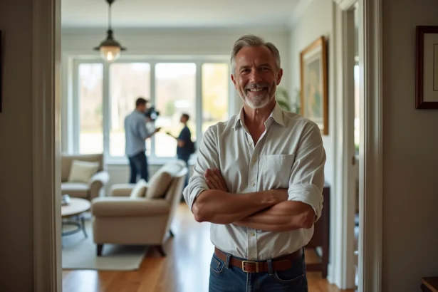 Propriétaire souriant devant sa maison pendant un tournage cinématographique