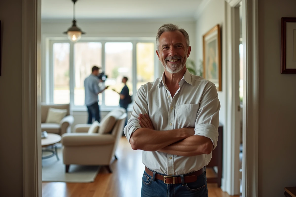 Propriétaire souriant devant sa maison pendant un tournage cinématographique
