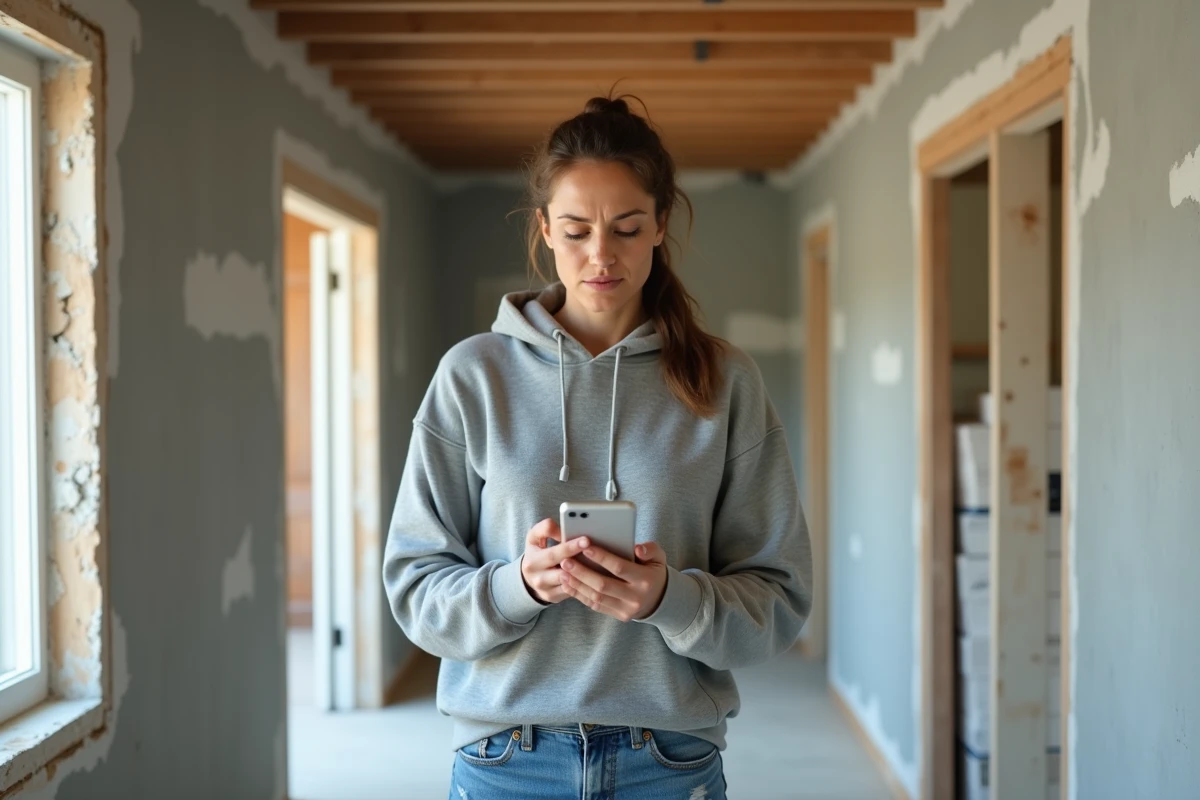 Propriétaire consultant son smartphone avec perplexité dans un couloir en cours de rénovation
