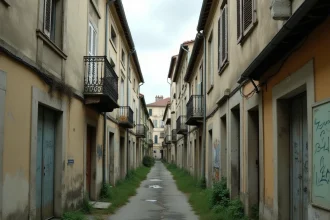 Rue résidentielle dégradée de Blois avec façades abîmées et panneaux à vendre illustrant la dévaluation immobilière