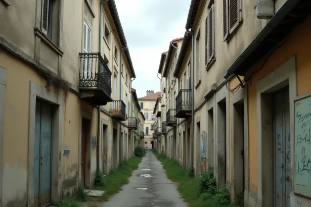 Rue résidentielle dégradée de Blois avec façades abîmées et panneaux à vendre illustrant la dévaluation immobilière