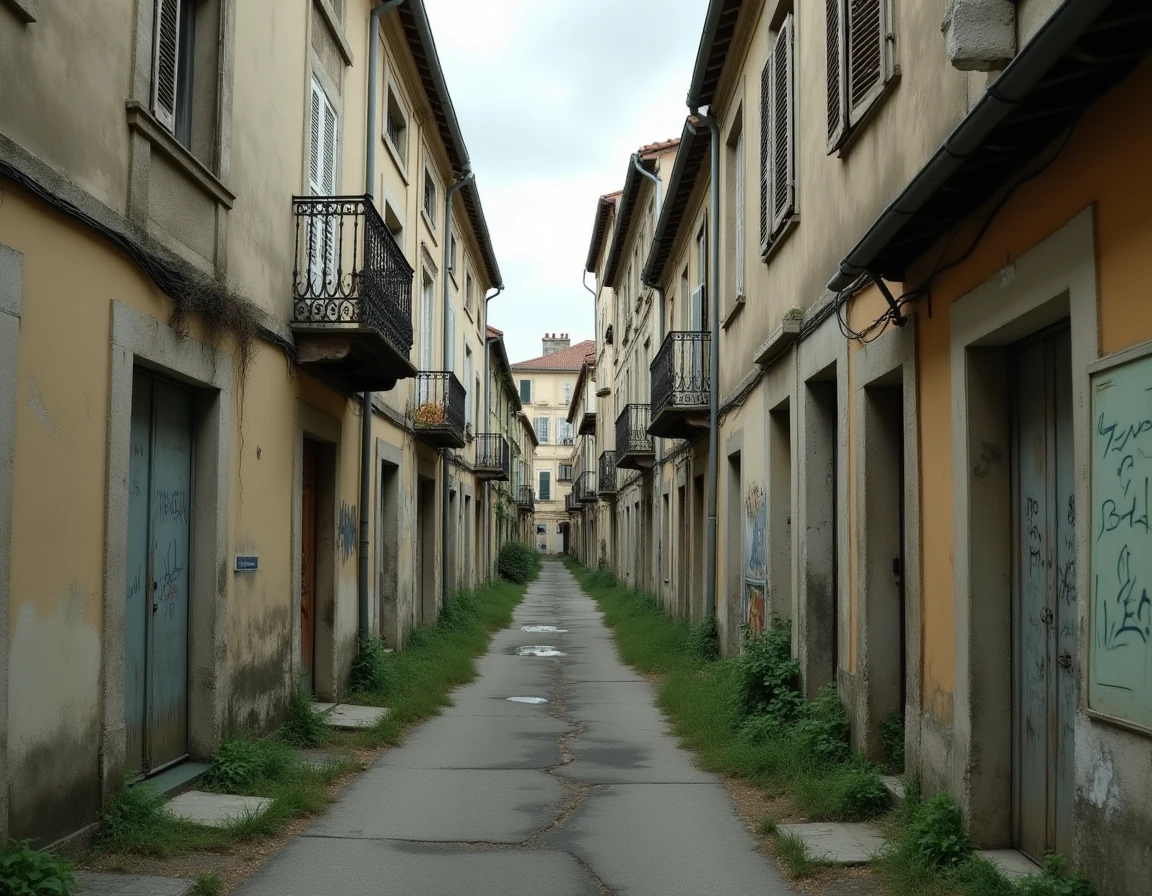 Rue résidentielle dégradée de Blois avec façades abîmées et panneaux à vendre illustrant la dévaluation immobilière
