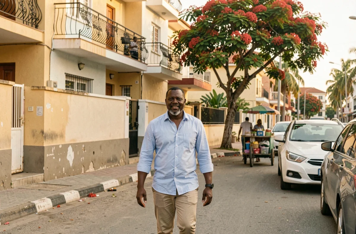 Homme se promenant dans un quartier résidentiel prisé de Dakar, immeubles et végétation en arrière-plan