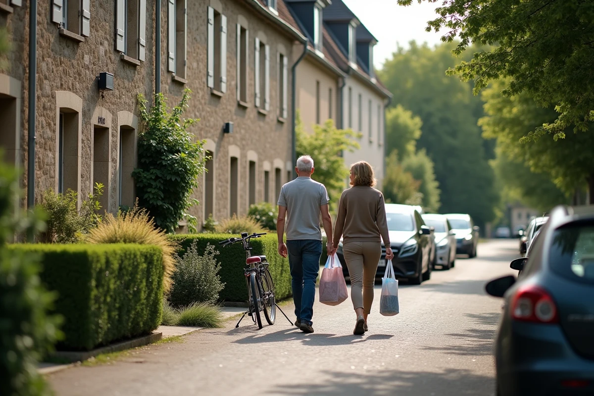 Rue résidentielle calme de Conflans-Sainte-Honorine avec maisons en pierre, couple se promenant et vélo appuyé contre un muret de jardin