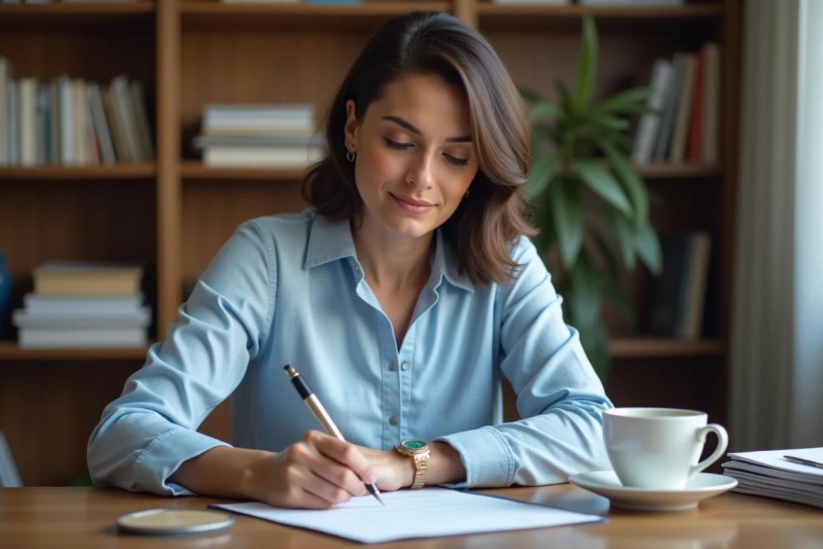 Femme rédigeant une lettre de préavis de départ d'appartement à son bureau à domicile