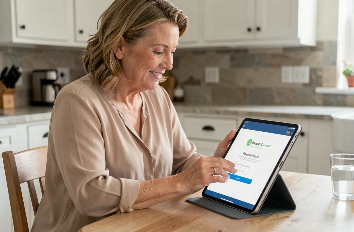 Femme souriante consultant la confirmation de réinitialisation de mot de passe MyFoncia sur une tablette dans sa cuisine