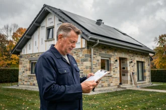 Entrepreneur en rénovation énergétique devant une maison rénovée dans le Grand Est, examinant des documents de performance énergétique