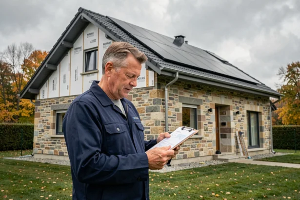 Entrepreneur en rénovation énergétique devant une maison rénovée dans le Grand Est, examinant des documents de performance énergétique