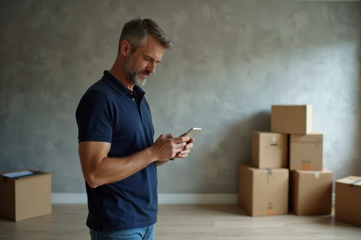 Homme utilisant son smartphone pour reprendre un contrat EDF dans un appartement vide lors d'un déménagement