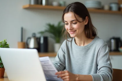 Femme consultant une facture EDF et effectuant un transfert de contrat en ligne depuis son ordinateur portable à domicile