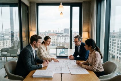 Équipe d'experts immobiliers européens collaborant autour d'une table de réunion avec des plans et une carte de l'Europe