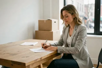 Femme signant un document de résiliation d'assurance habitation dans un appartement avec des cartons de déménagement en arrière-plan