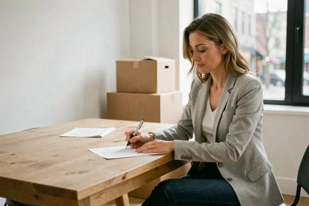 Femme signant un document de résiliation d'assurance habitation dans un appartement avec des cartons de déménagement en arrière-plan