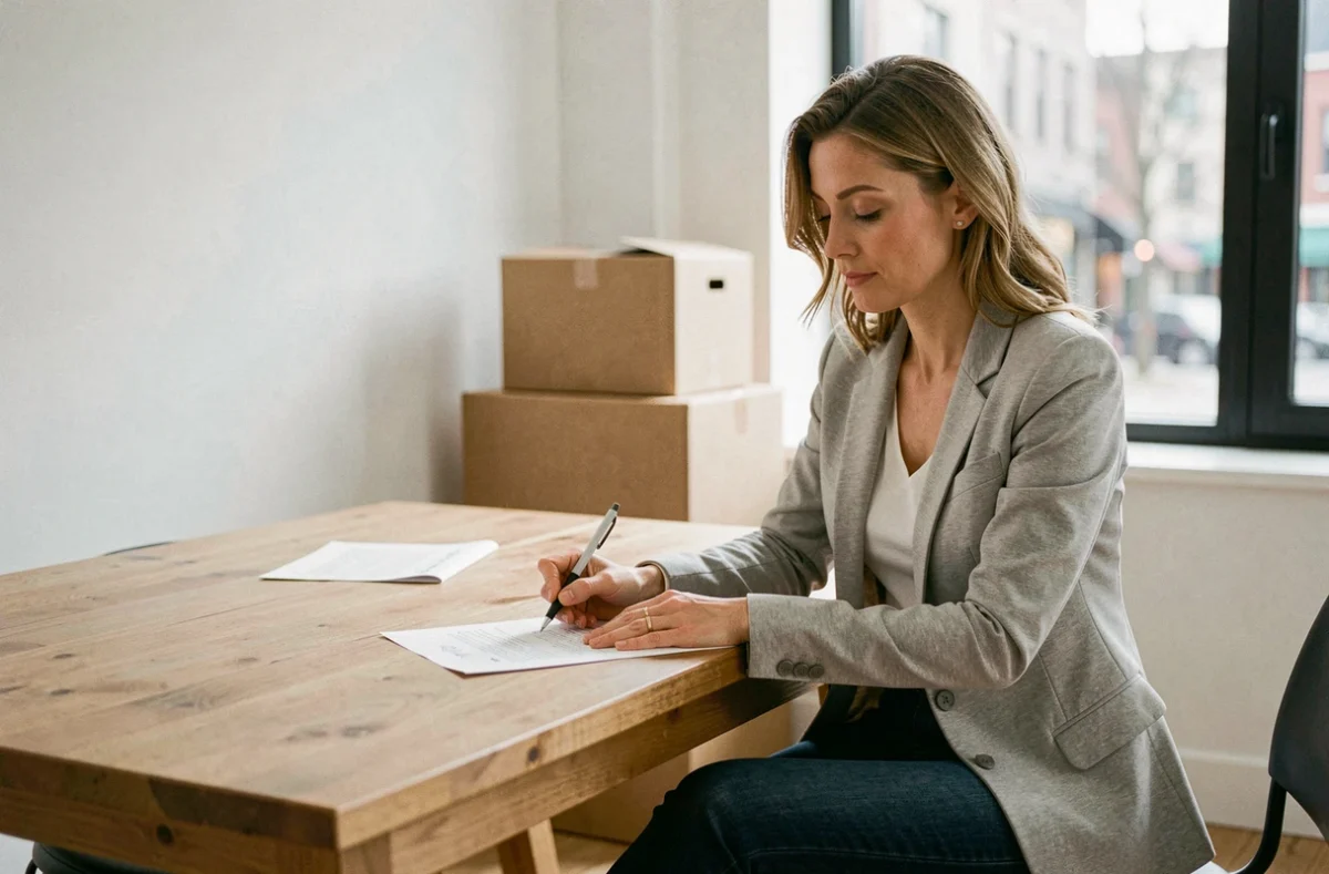 Femme signant un document de résiliation d'assurance habitation dans un appartement avec des cartons de déménagement en arrière-plan