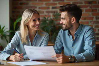 Femme et jeune homme en réunion dans un appartement moderne