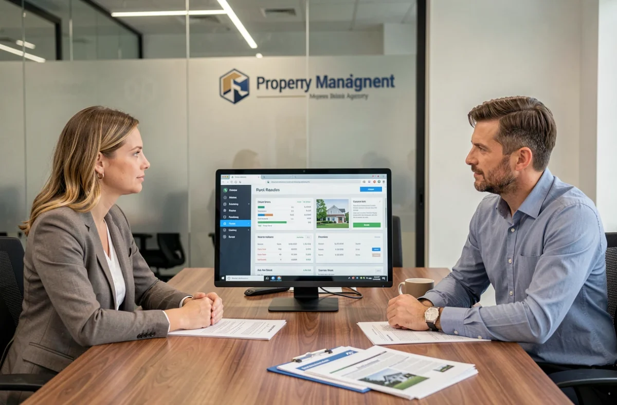 Réunion entre copropriétaires et gestionnaire autour des nouvelles fonctionnalités du portail MyFoncia en agence immobilière